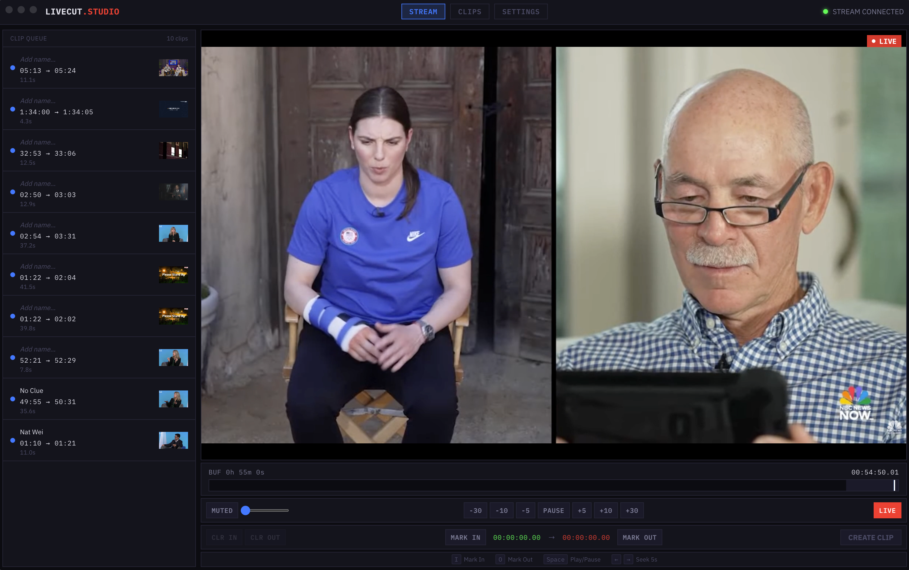 LiveCut Studio — real-time live stream clipping interface showing clip queue, live video player, timeline, and mark in/out controls